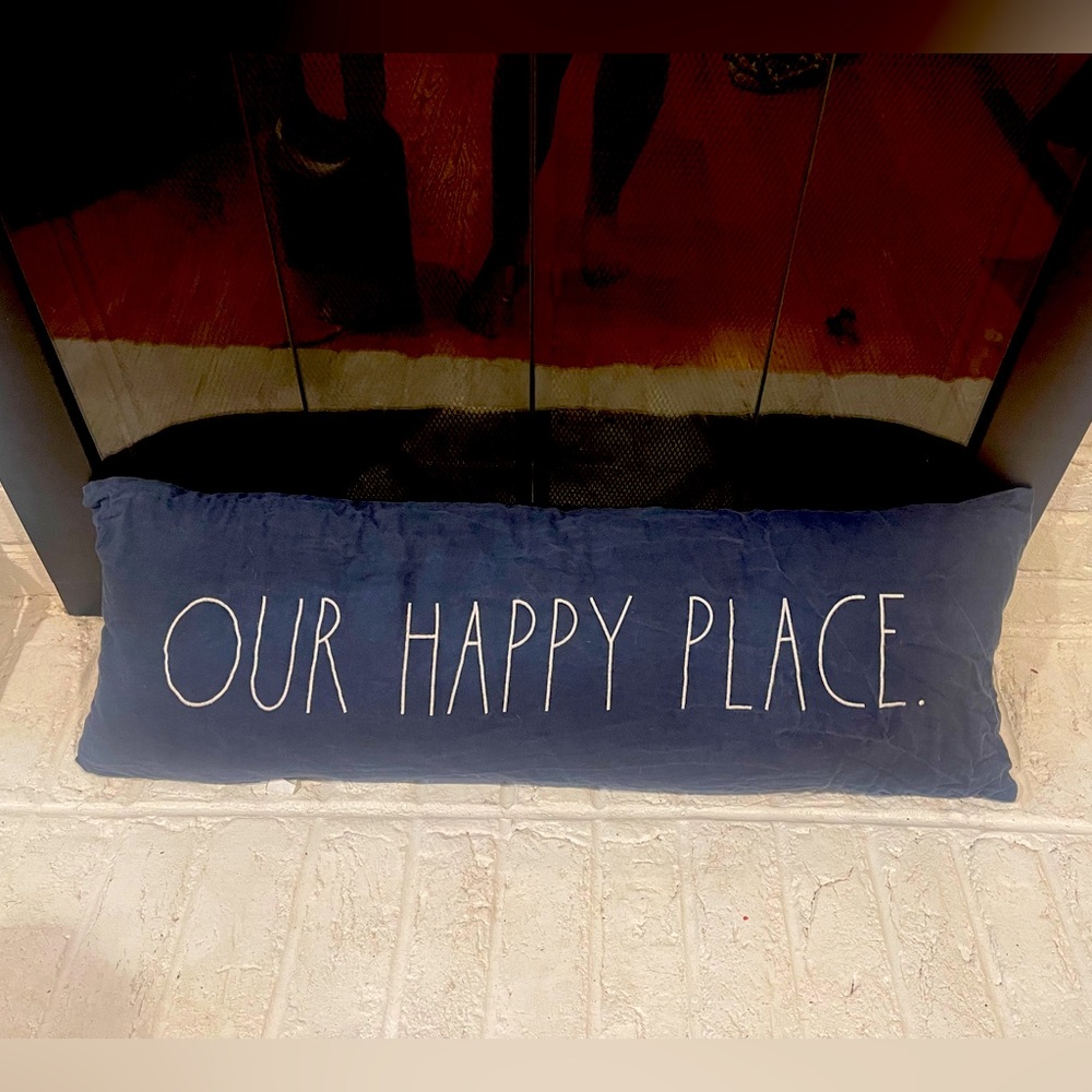 Rae Dunn “Our Happy Place” Lumbar Pillow | Navy Blue Farmhouse Decor